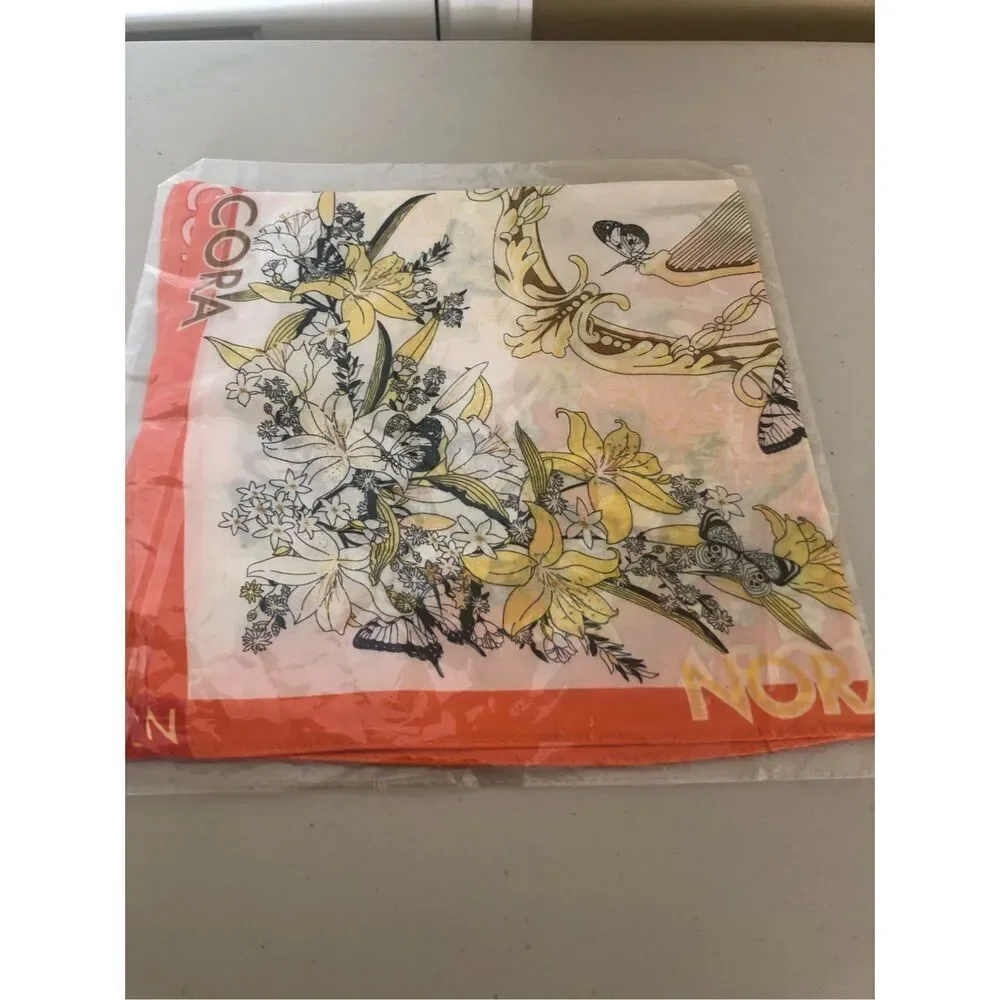 NORA Orange Floral Butterfly Square Scarf Lightweight Wrap